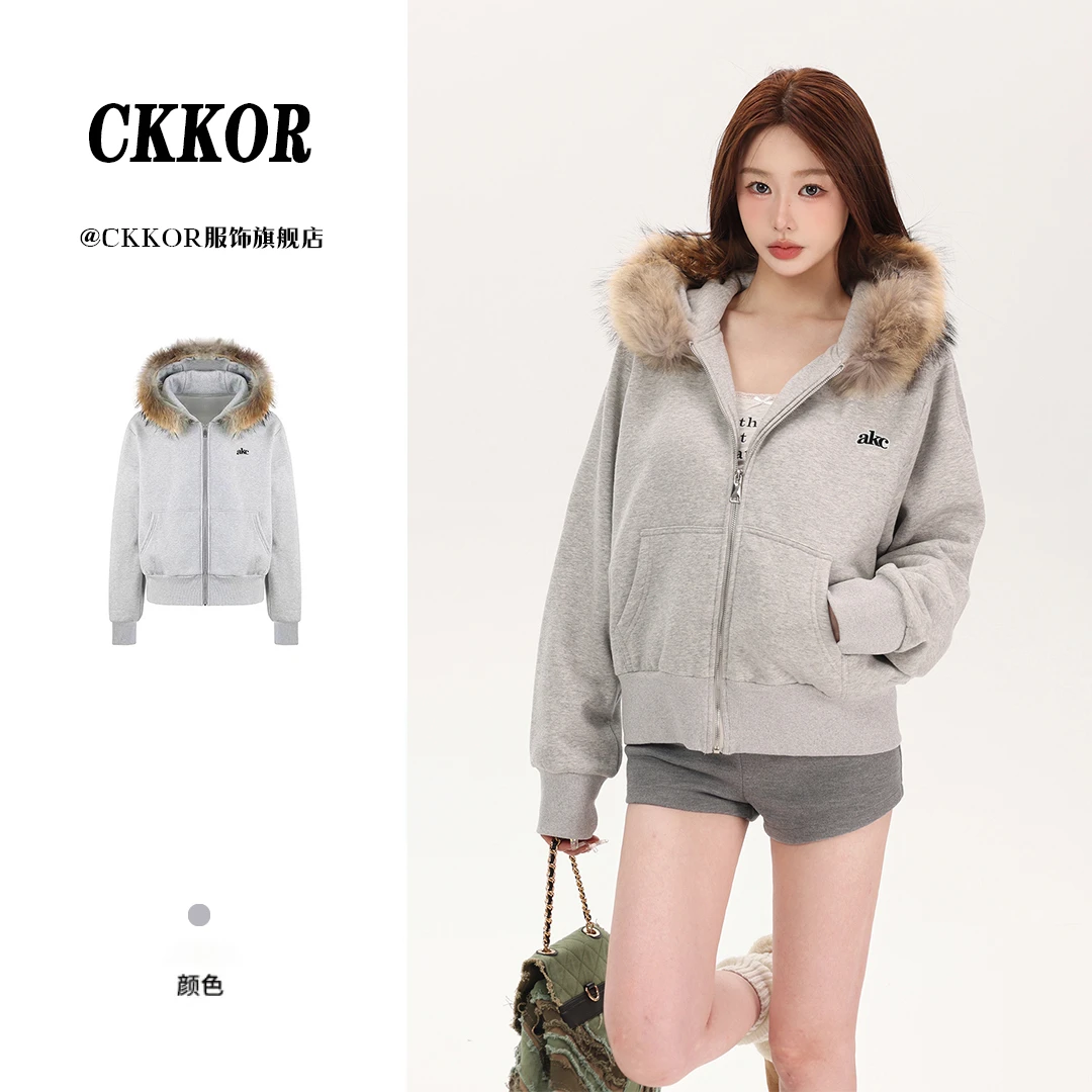 CKKOR秋冬短款毛领加绒连帽卫衣女简约韩版慵懒风开衫拉链外套潮