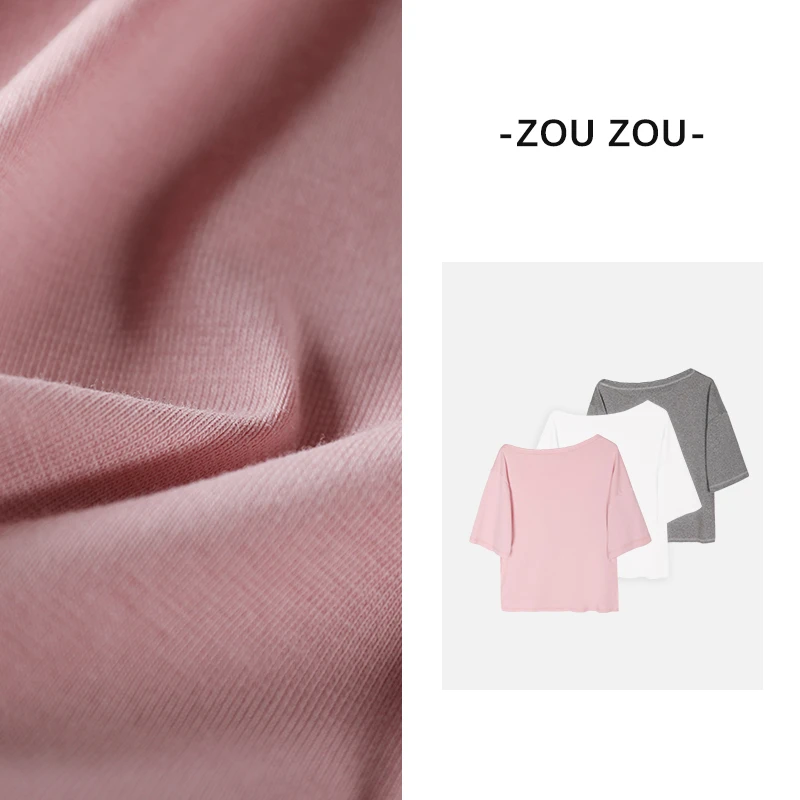 邹邹小个子新品 夏日斜肩露肩纯色亚麻t恤女宽松显瘦百搭休闲短袖