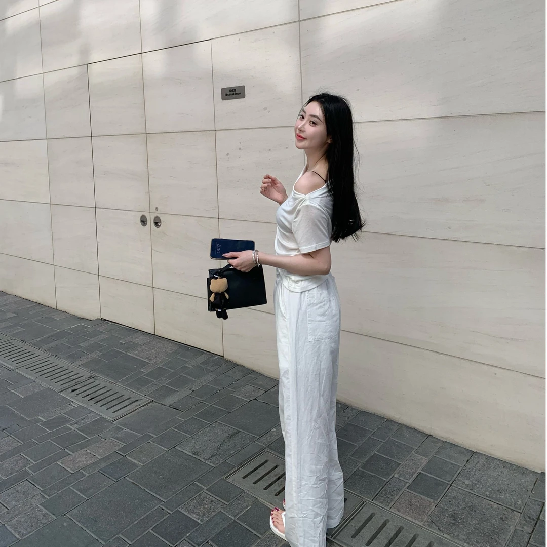 「清冷亚麻」AKIZHANG夏季亚麻老钱风抽绳松弛感休闲白色阔腿裤女装