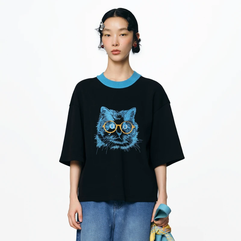 MOVEUP幻走2025秋季新款.FUN撞色圆领猫咪绣花短款T恤女3EWQ10554