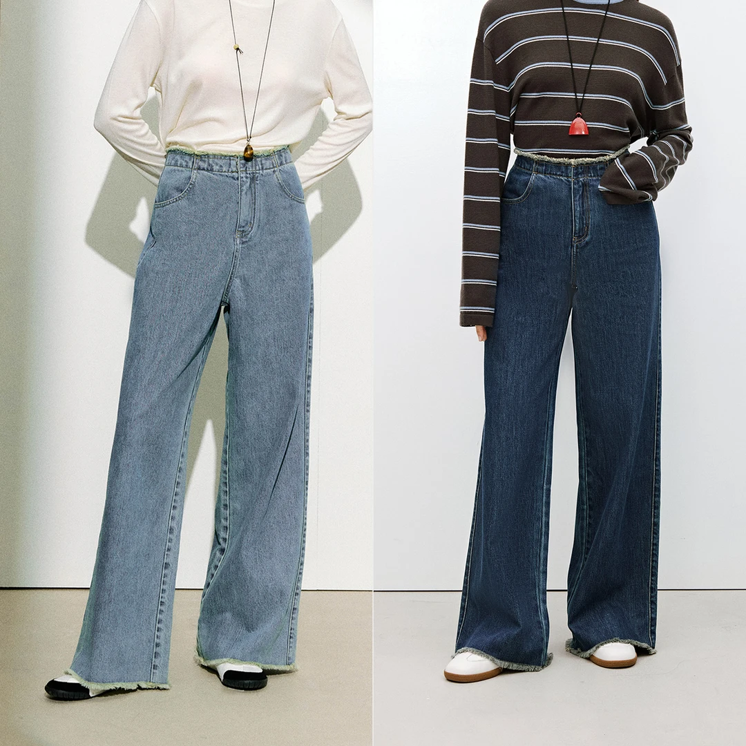 MARIUS复古定染VTG醋酸牛仔棉炒砂撞色微阔腿宽松毛边牛仔裤