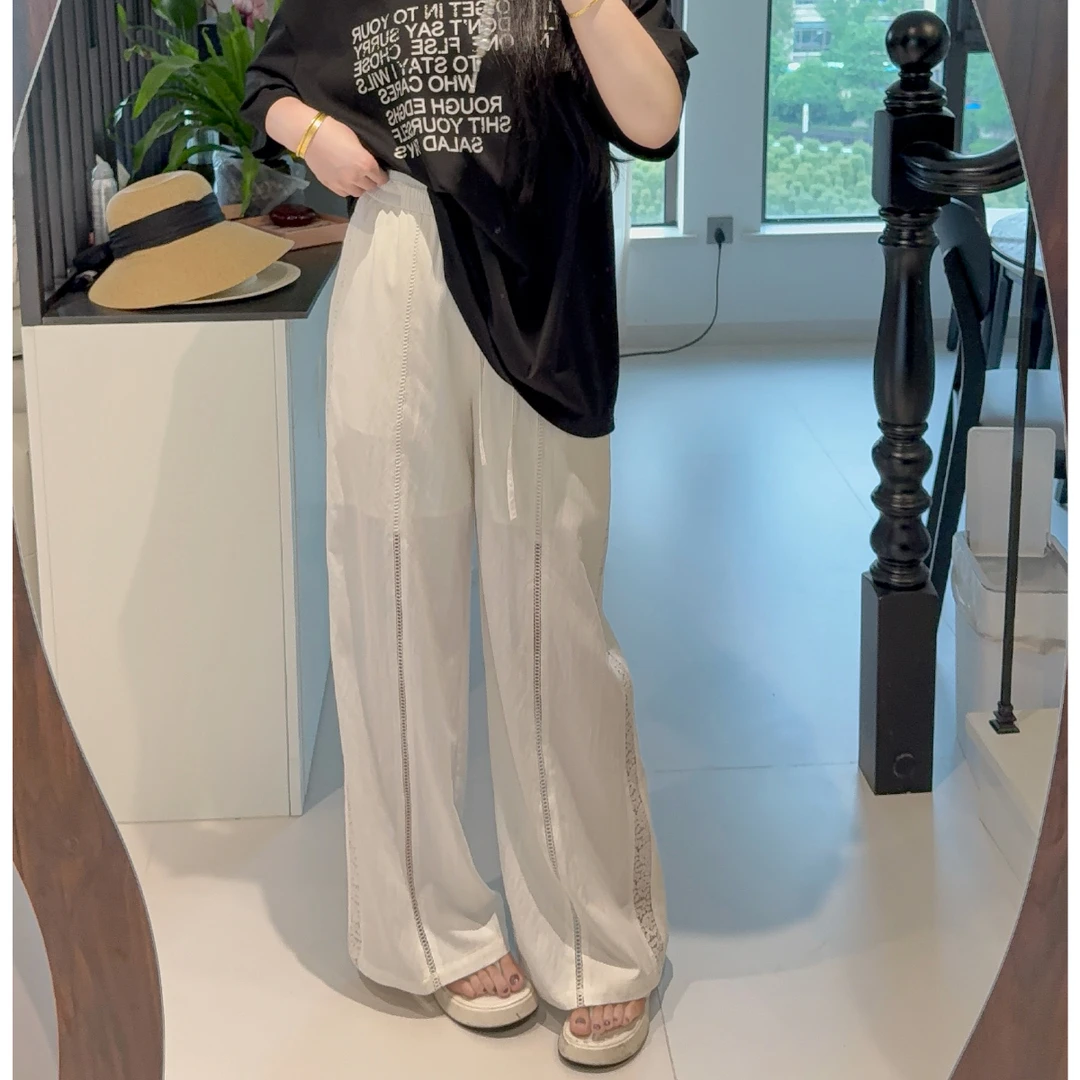 李潇洒 微胖大码夏季重工蕾丝拼接休闲直筒裤宽松百搭松弛感长裤