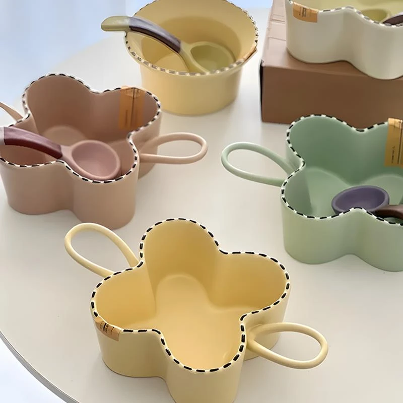 双耳碗稀奇古怪带把泡汤面碗陶瓷奶油风不规则餐具沙拉水果盆防烫