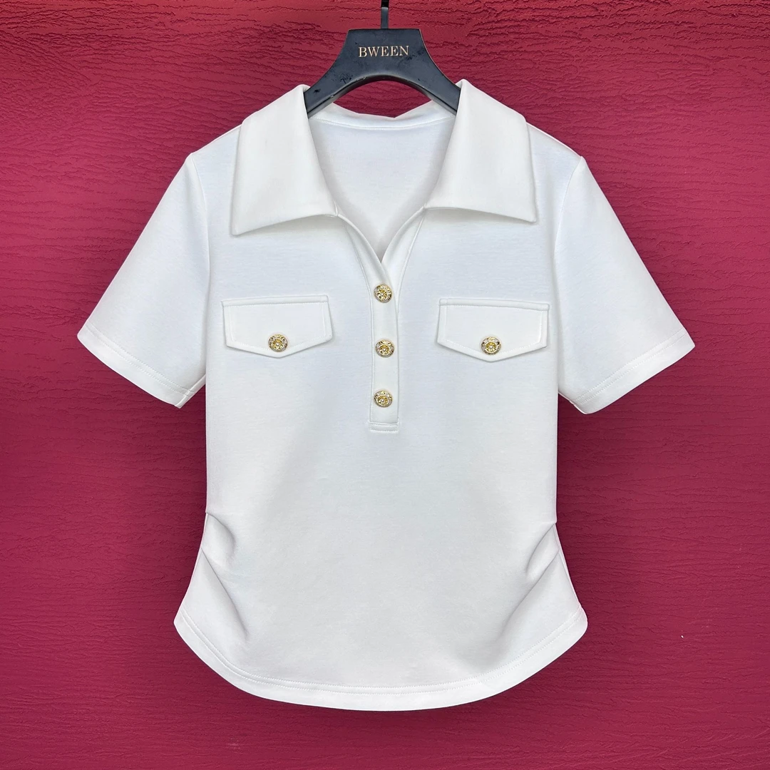 【好运如意扣】夏款女装时尚百搭收腰显瘦Polo领女士纯棉短袖T恤