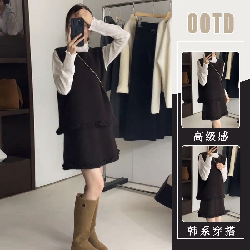2025秋季新款韩系时尚木耳边无袖马甲女高腰显瘦短裙慵懒风三件套
