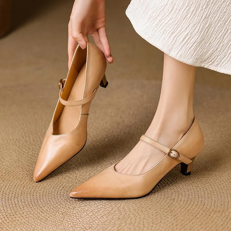 巨软头层牛皮！杏色百搭高跟鞋女2025新款尖头粗跟一字带浅口单鞋