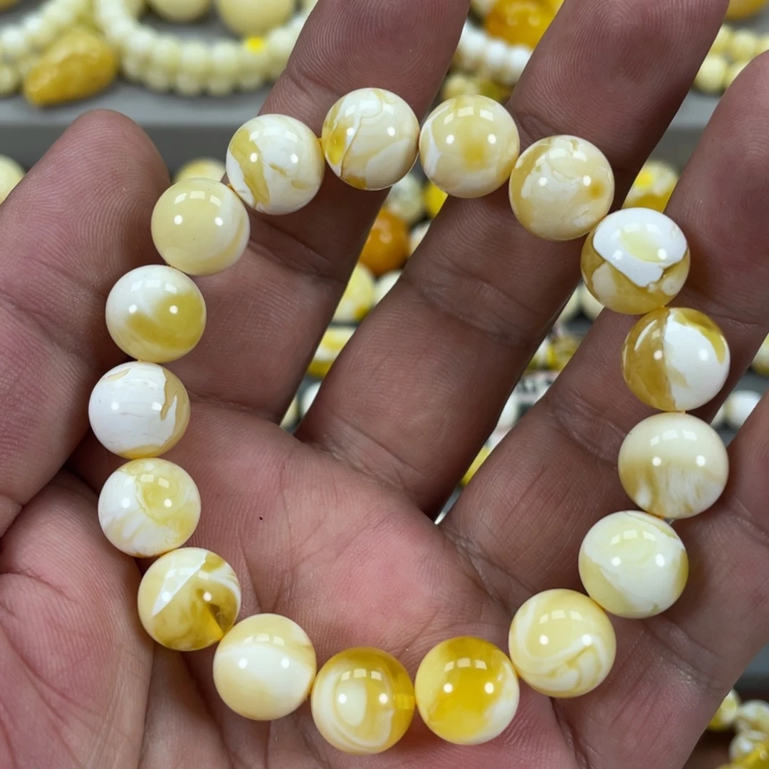 琥珀未镶嵌手串尺寸12金瓷白圆珠手串