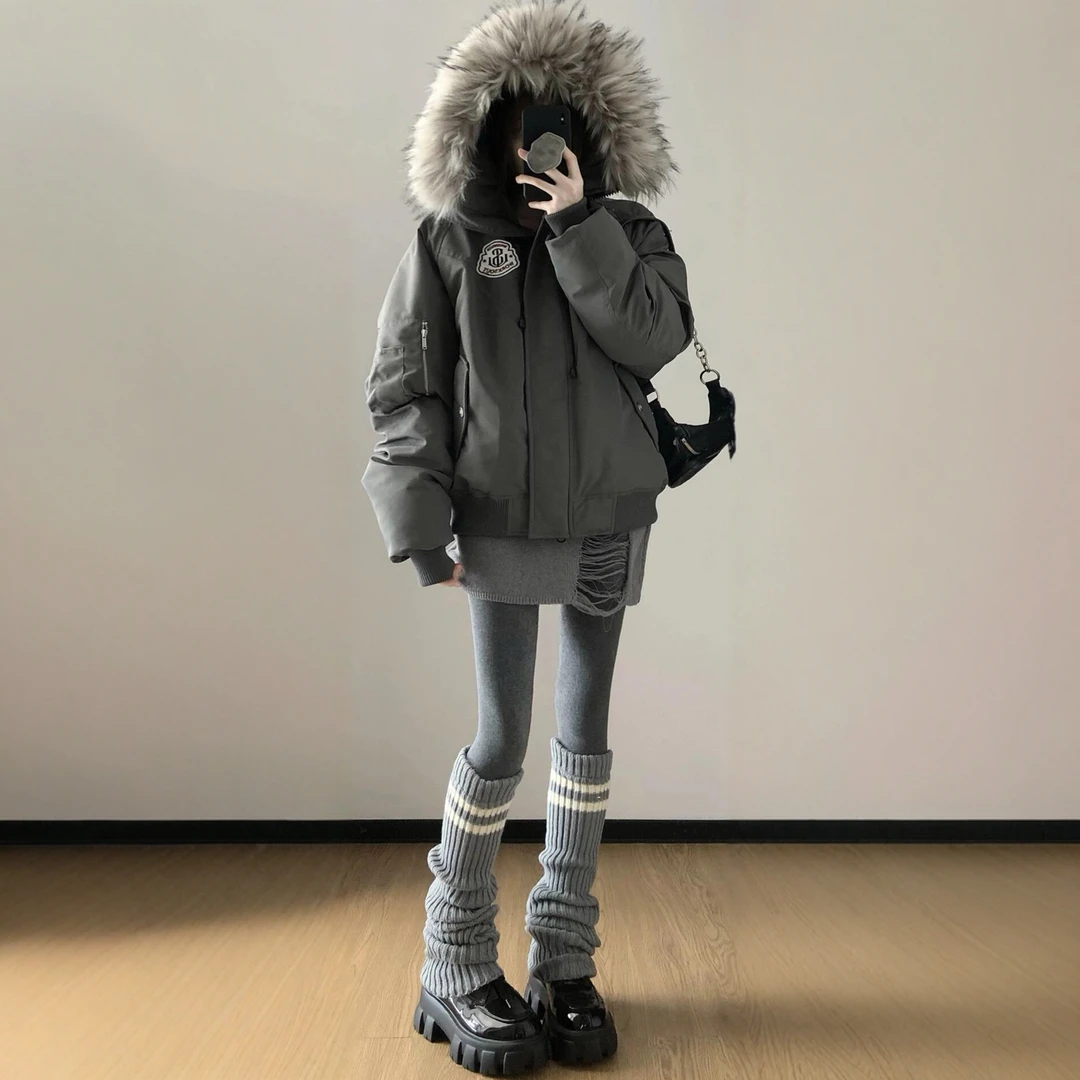 工装复古大毛领棉服女冬季新款加厚百搭高级感宽松棉衣派克服外套