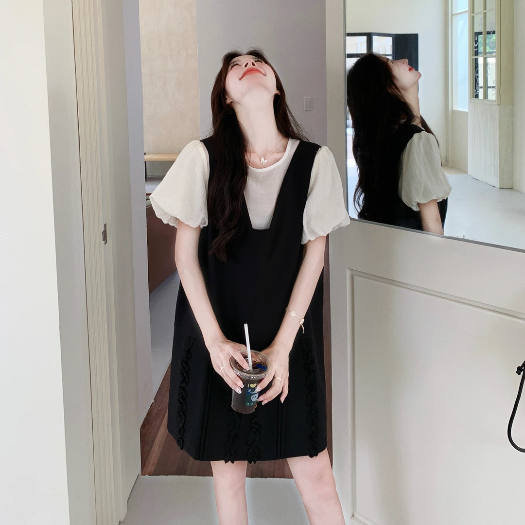 黑色木耳边背带裙套装女夏2025新款小个子俏皮减龄一整套穿搭套装