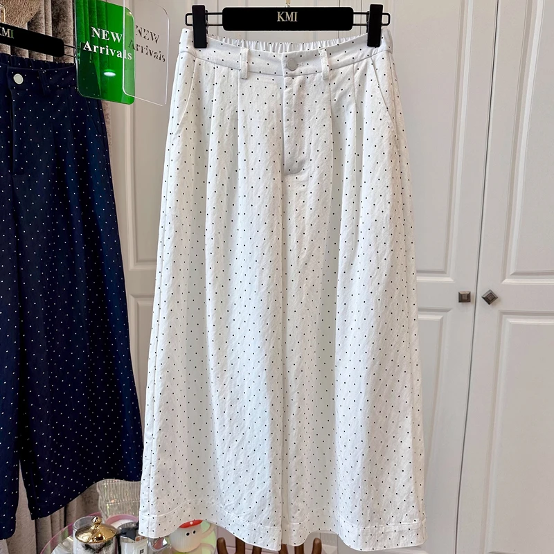 深蓝色洗水棉波点阔腿裤女夏季新款高腰垂感宽松九分休闲直筒西裤