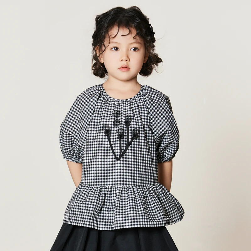 ff&dd童装2025夏季女童衬衫格子休闲短袖甜美格纹小女孩泡泡袖