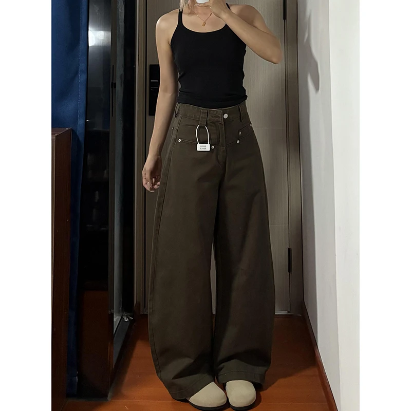 美式复古可可色弯刀牛仔裤女秋季新款大码胖mm高腰宽松垂感阔腿裤