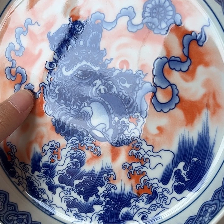 摆件景德镇梵红醒狮大壶承