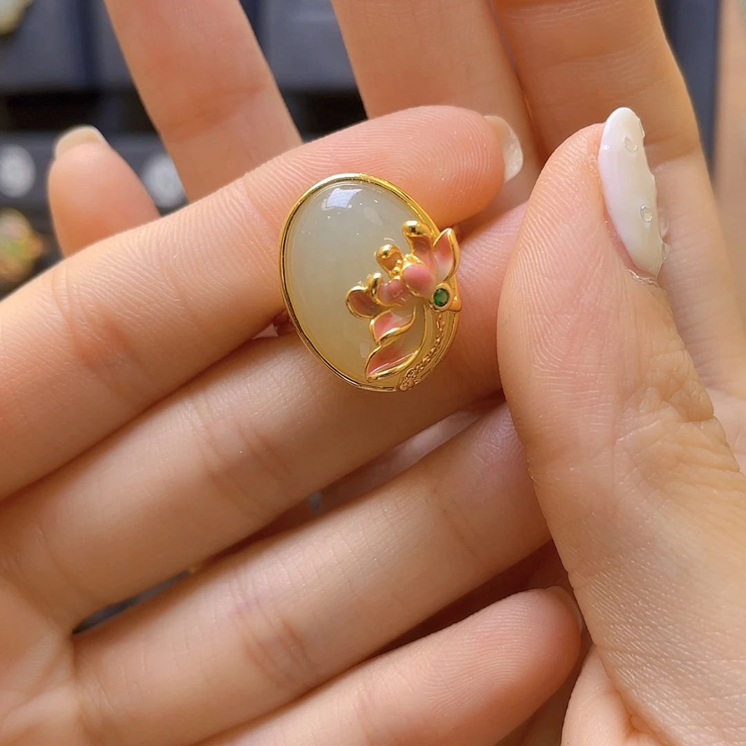 和田玉银S925镀金镶嵌戒指