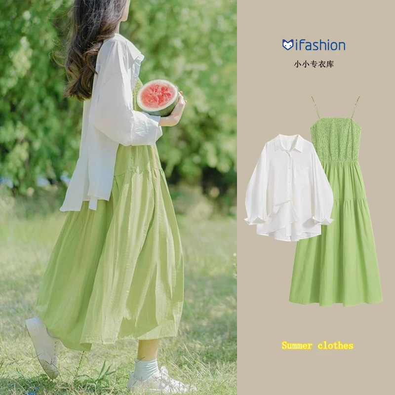 初夏穿搭一整套2025新款防晒衬衫女度假两件套装小清新吊带连衣裙