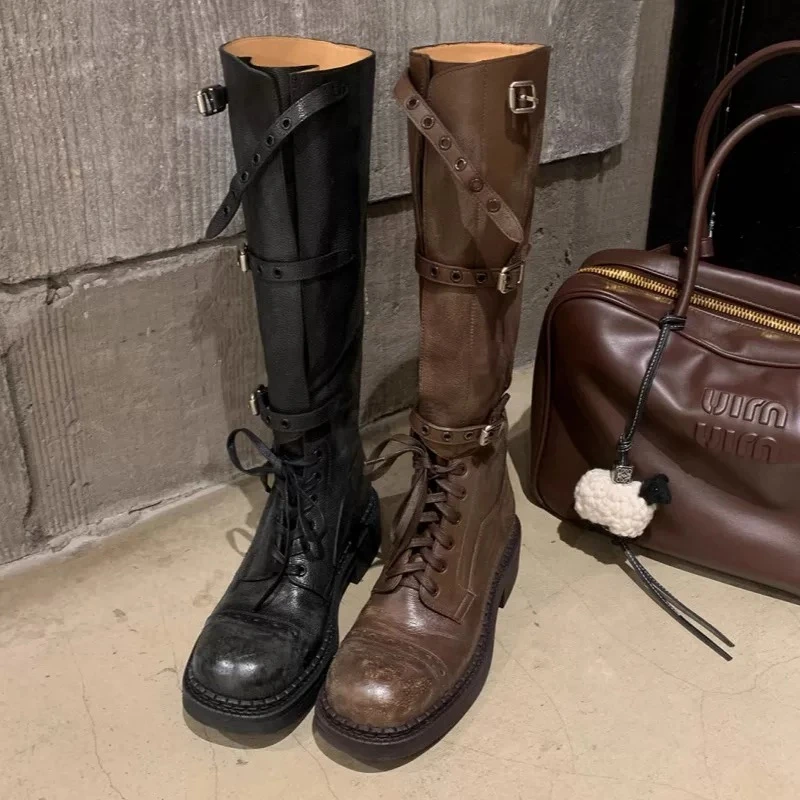 25年春夏系带骑士靴时尚复古粗跟小众皮带扣高筒冬季英伦长靴女