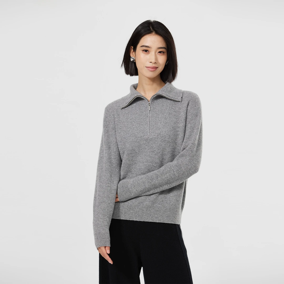 新疆GTS天山羊绒纯色拉链女套衫秋冬保暖羊绒衫100山羊绒针织衫