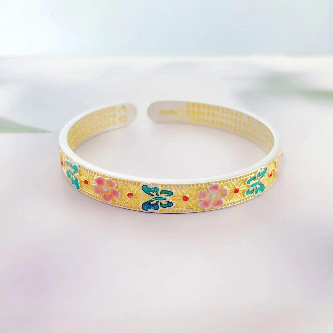 足银手镯 29克足银999.9珐琅彩粉梅花蓝蝴蝶手镯