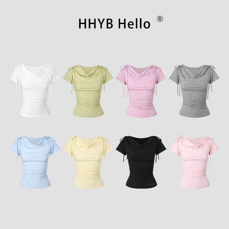 HHYB Hello系带荡领短袖T恤2025新款修身显瘦绝美辣妹上衣250623