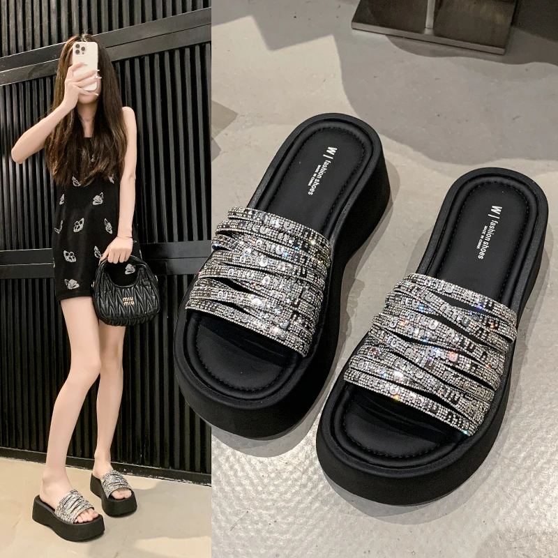 水晶亮钻托凉鞋女2025夏季外穿套趾厚底坡跟网红仙女风配裙子凉拖