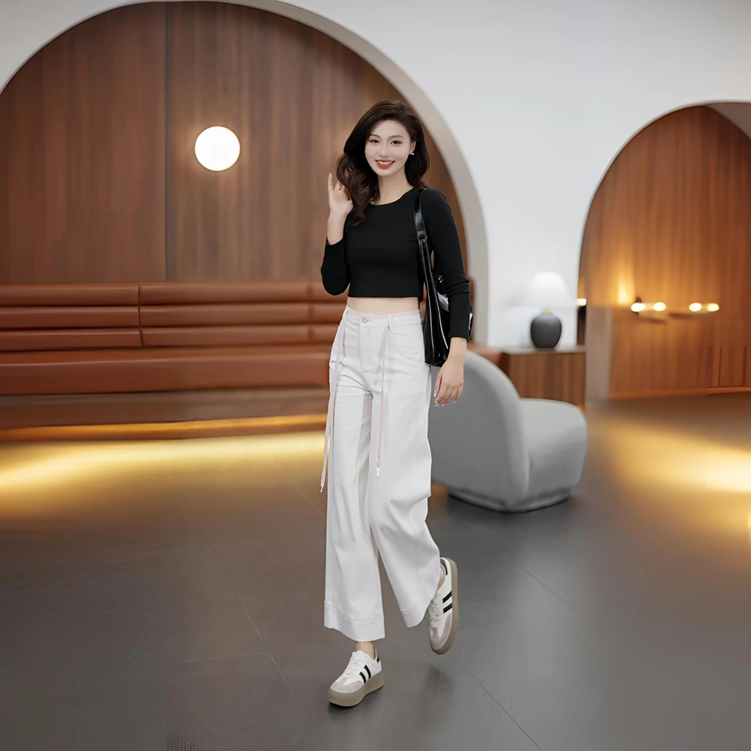 南油现货复古绑带直筒小个子春季宽松裤子牛仔裤女款爆款2025新款