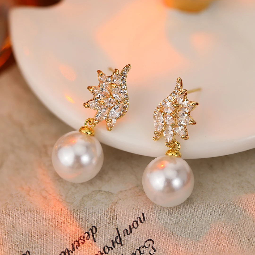 铜合金铜耳饰 威德妮 925银针满钻天使之翼珠珠时尚风高级感16号