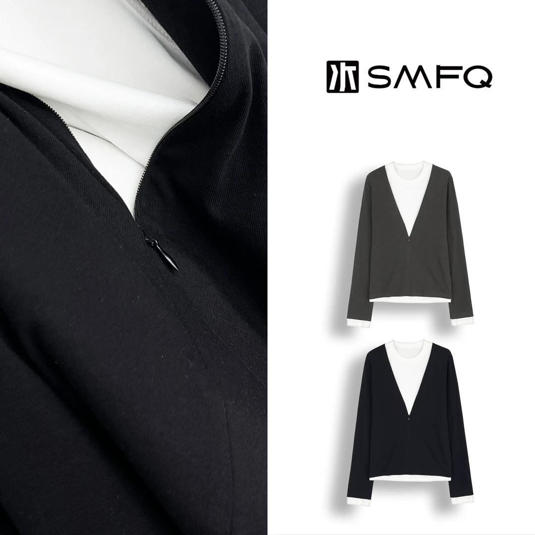 水木夫妻 “双层魅力”拼色真两件V领拉链长袖上衣