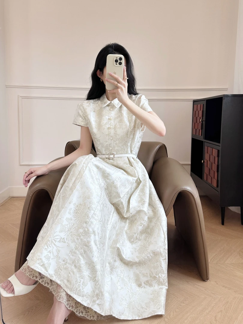 轻奢翻领拼接短袖提花夏季气质高端法式连衣裙女礼服显瘦收腰