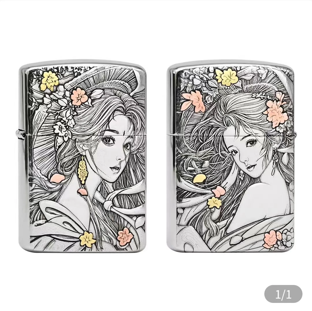 白铜镶嵌茶花女打火机男士创意防风时尚经典