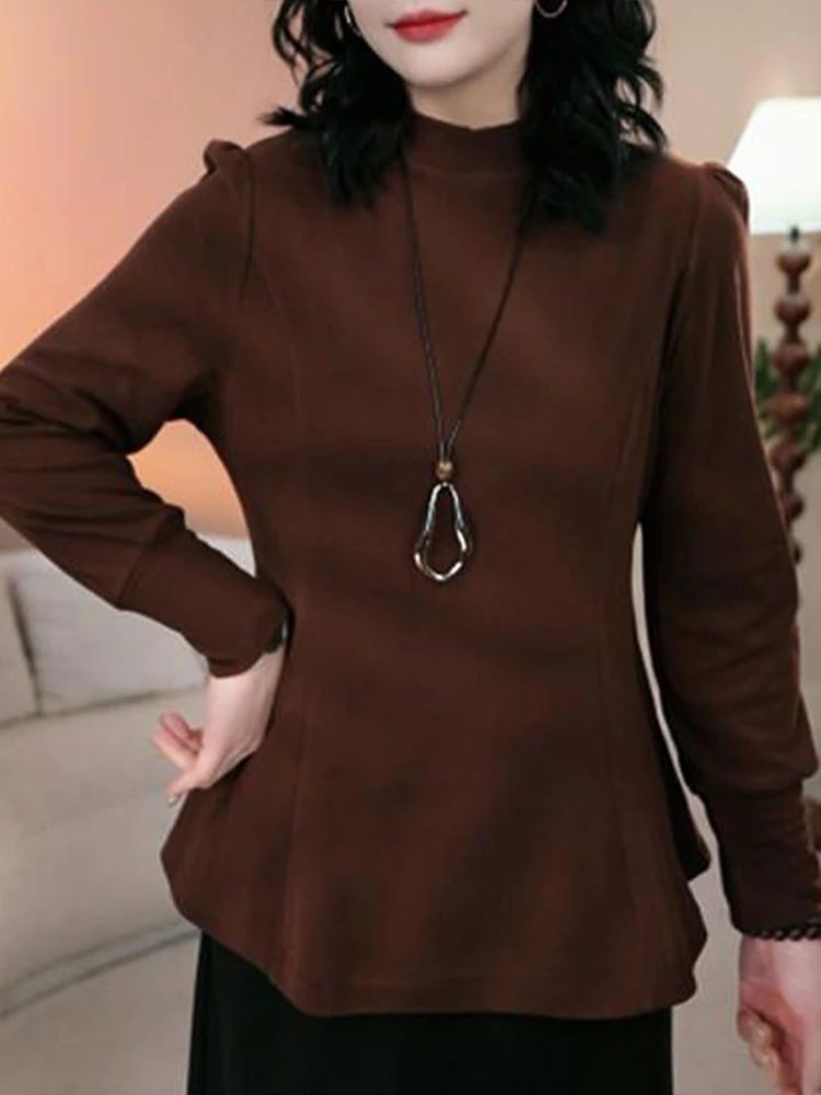 大码胖mm韩系气质半高领长袖T恤女秋冬新款收腰显瘦减龄洋气上衣