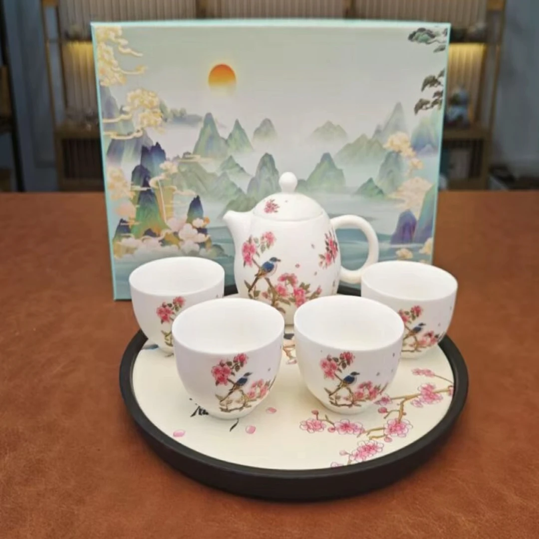 喜上眉梢白瓷龙蛋壶带四杯+茶盘DF3682