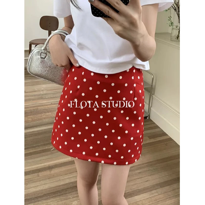 【FLOTA】白色波点红裙小个子a字高腰显瘦半身裙带内衬韩系百搭0099