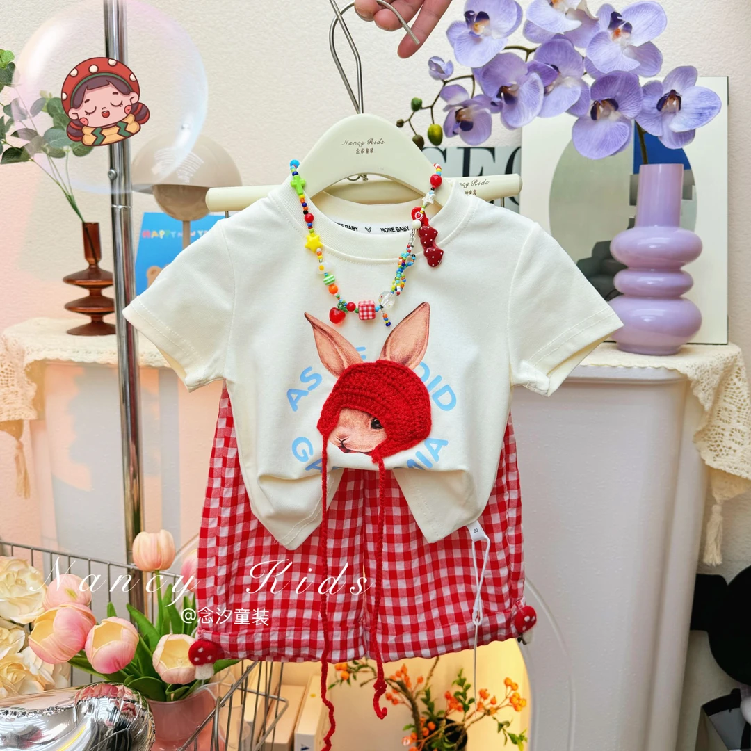 【小红帽】亲子装新款卡通兔小红帽套装圆领上衣苹果红格子裤两件套