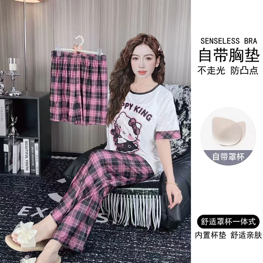带胸垫夏季提花冰丝睡衣女短袖薄款三件套宽松卡通家居服套装夏天