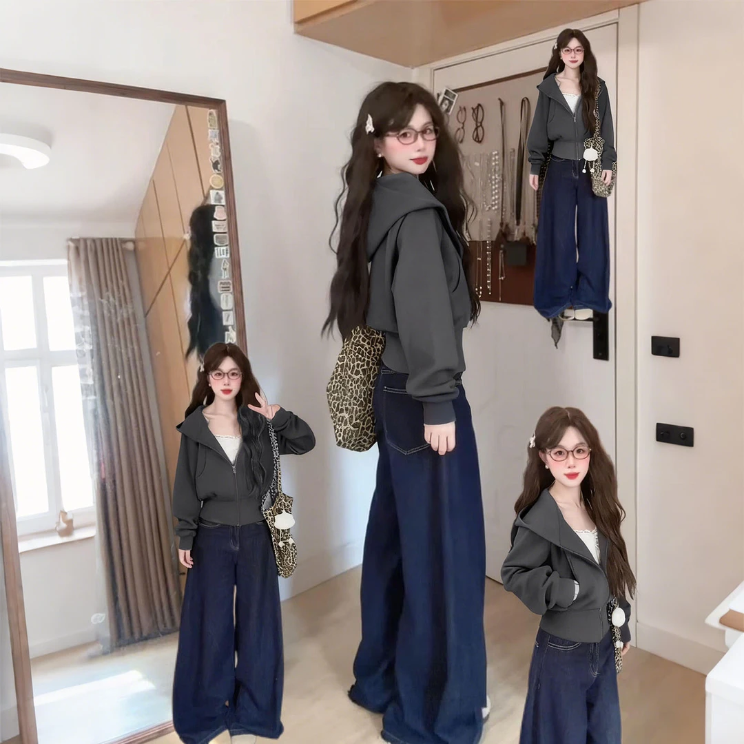 初秋灰色短款正肩卫衣薄外套女早秋冬季连帽修身上衣开衫韩系穿搭