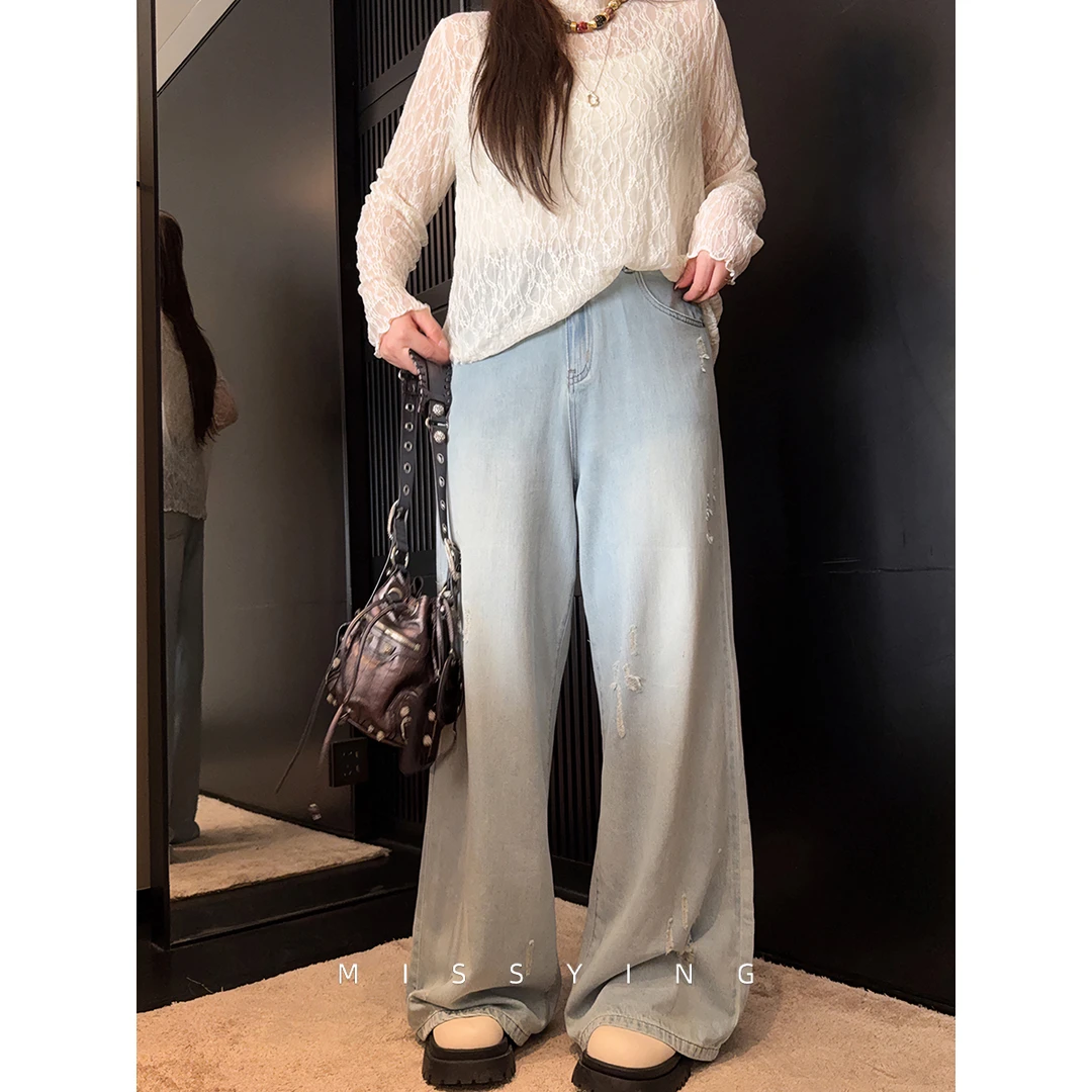 应小姐【牛仔计划】微胖大码夏季时尚水洗复古风休闲百搭高腰牛仔裤