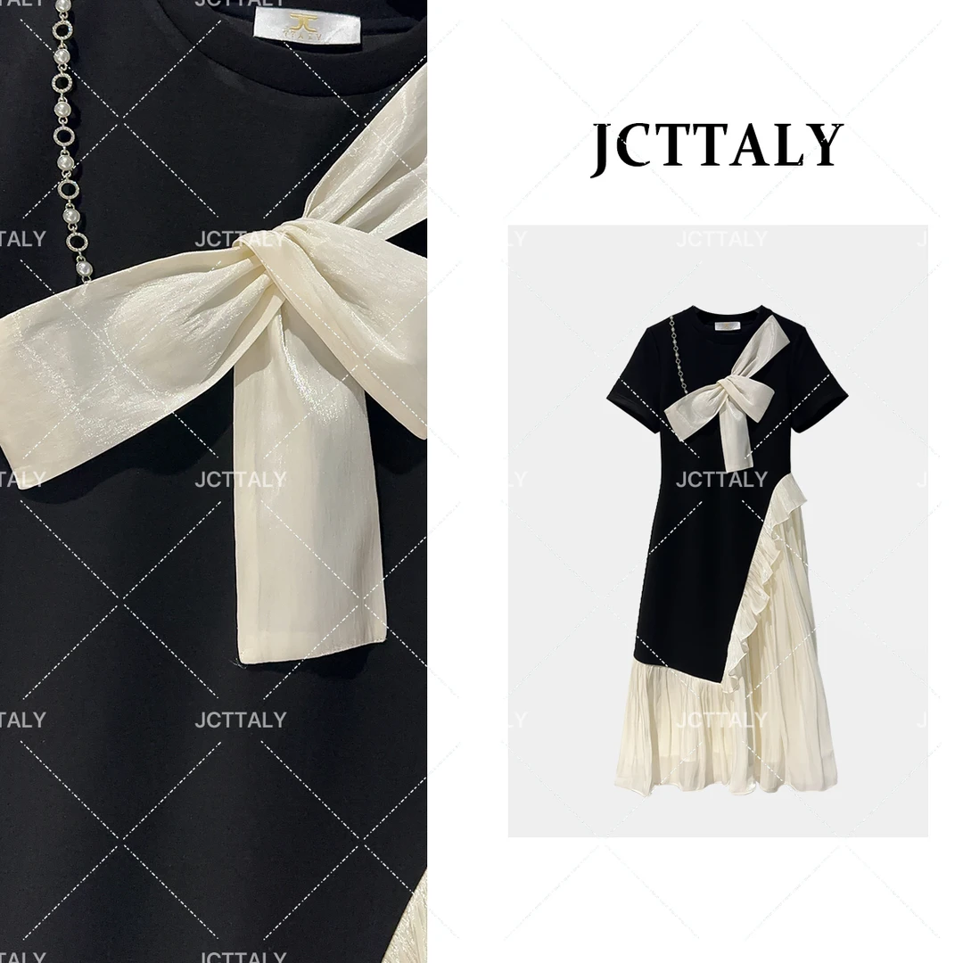 【宠粉价】法式优雅蝴蝶结拼接长裙女25夏季新款显瘦连衣裙JC-A3117