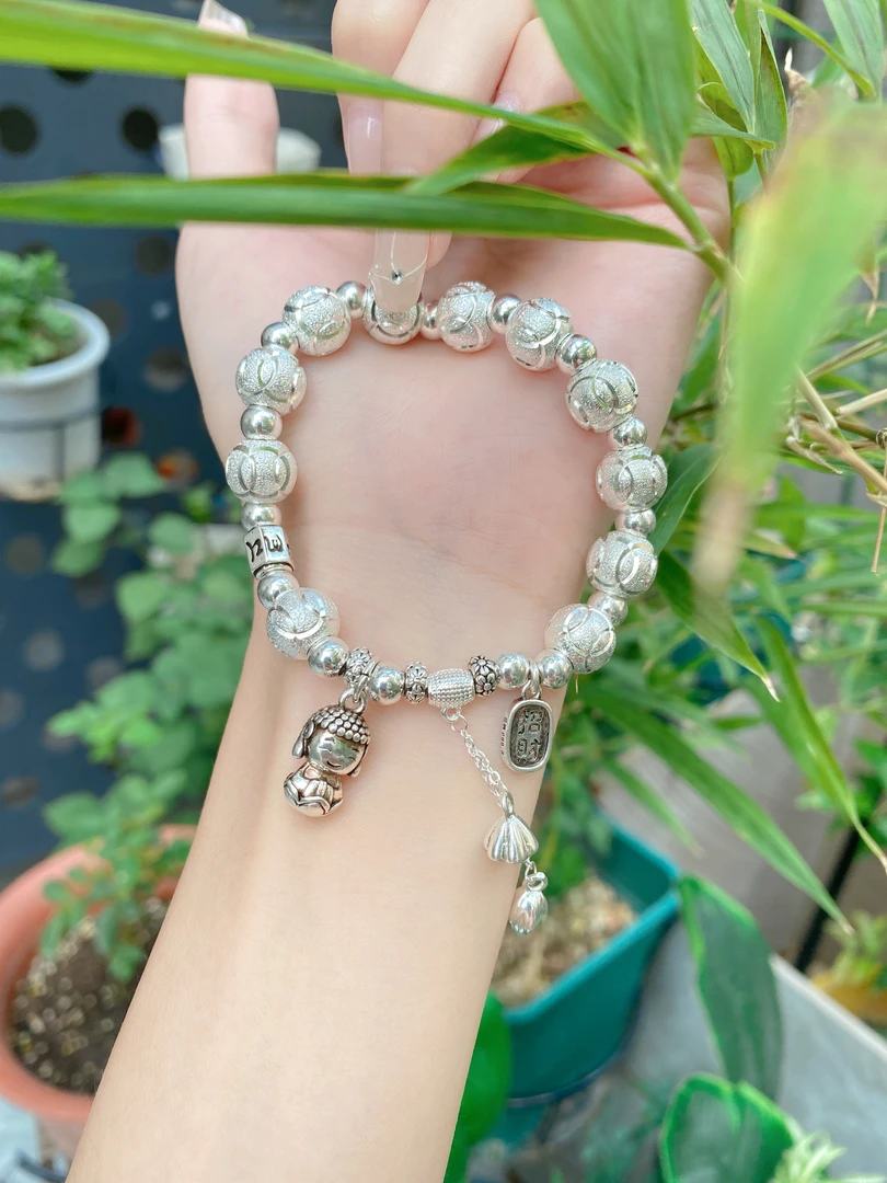 足银999纯银手链3D古法小佛头六字真言猫眼磨砂招财弹力绳可调