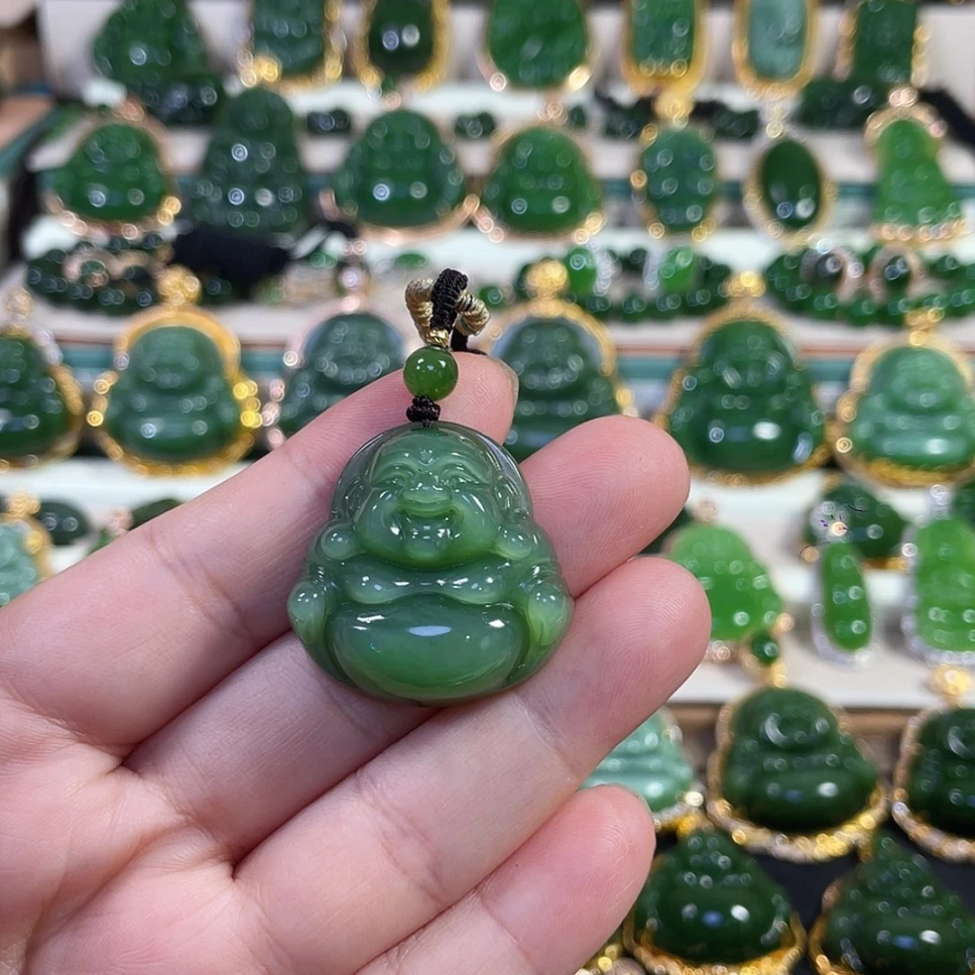 和田玉18K金镶嵌颈饰粉绿佛公30