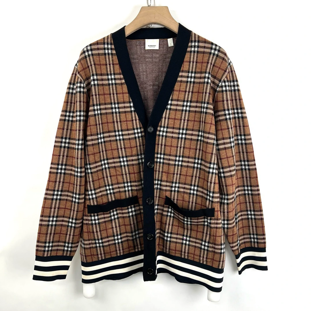 99新 BURBERRY/博柏利 L码/格纹V领针织开衫/05359