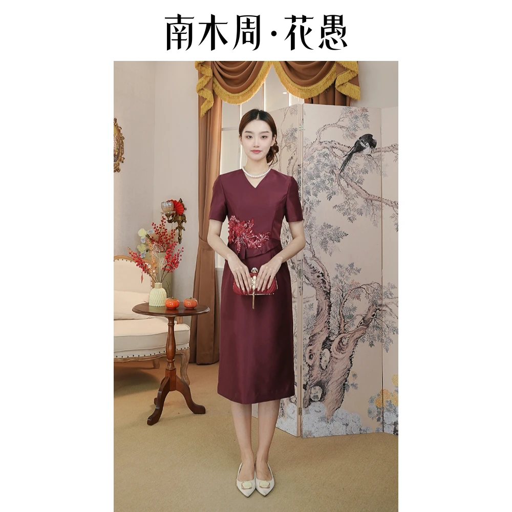 妈妈装夏季A型假两件长裙纯色裙子酒红色礼服连衣裙裙HYL263