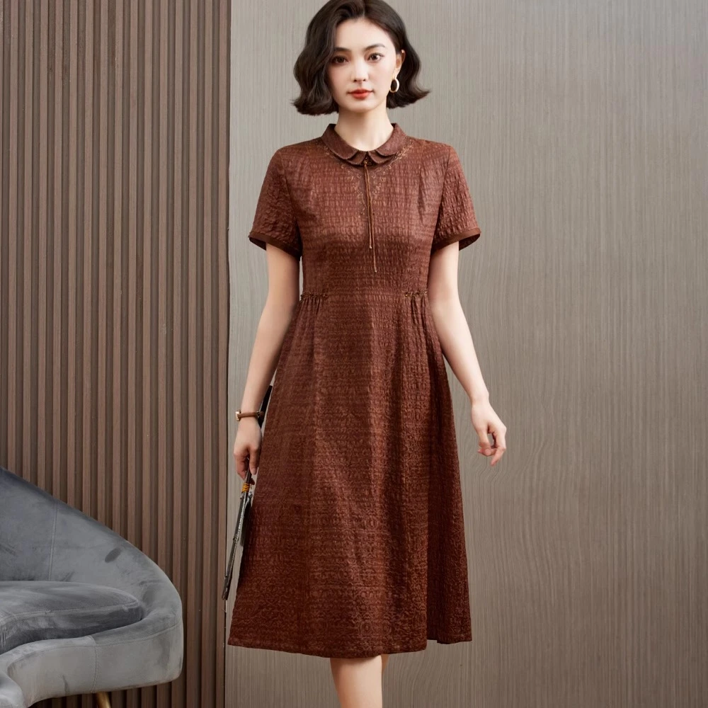 高端优雅复古香云纱连衣裙女2025夏季新款收腰气质桑蚕丝真丝