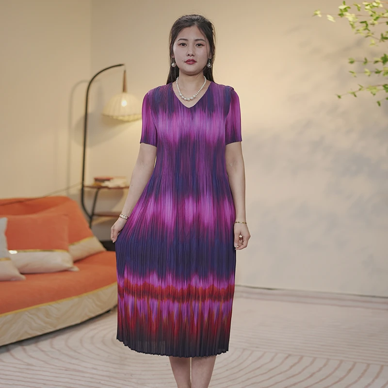 020号三宅褶皱连衣裙夏季中年高档阔太太洋气大码过膝裙子