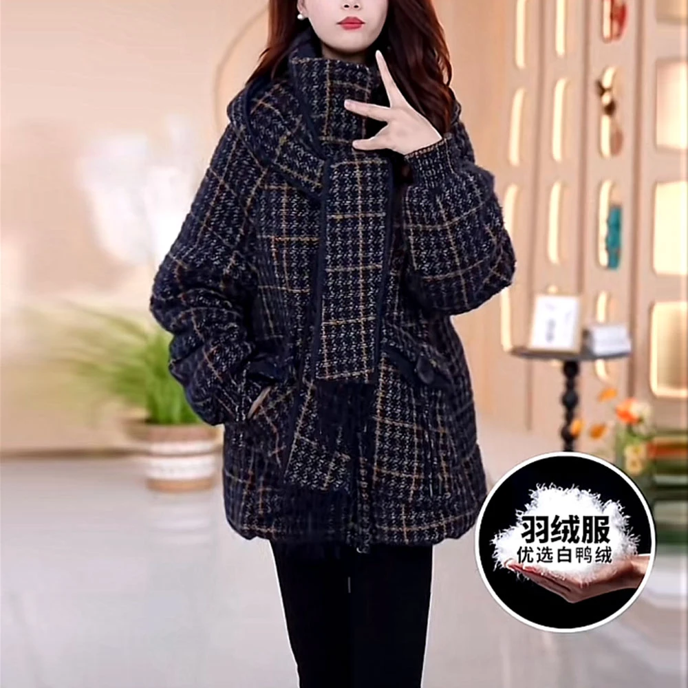 贵妃绒格子连帽加厚羽绒服2025冬季新款时尚宽松保暖白鸭绒外套女