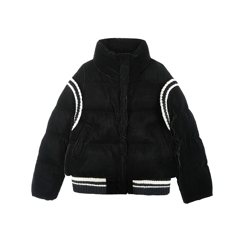 【达人专享】丝绒拼接撞色加厚宽松火龙果色立领羽绒服X10BYS8668