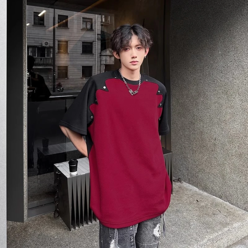 高级感痞帅宽松休闲短袖T恤男新款美式半袖圆领潮牌黑色2025上衣