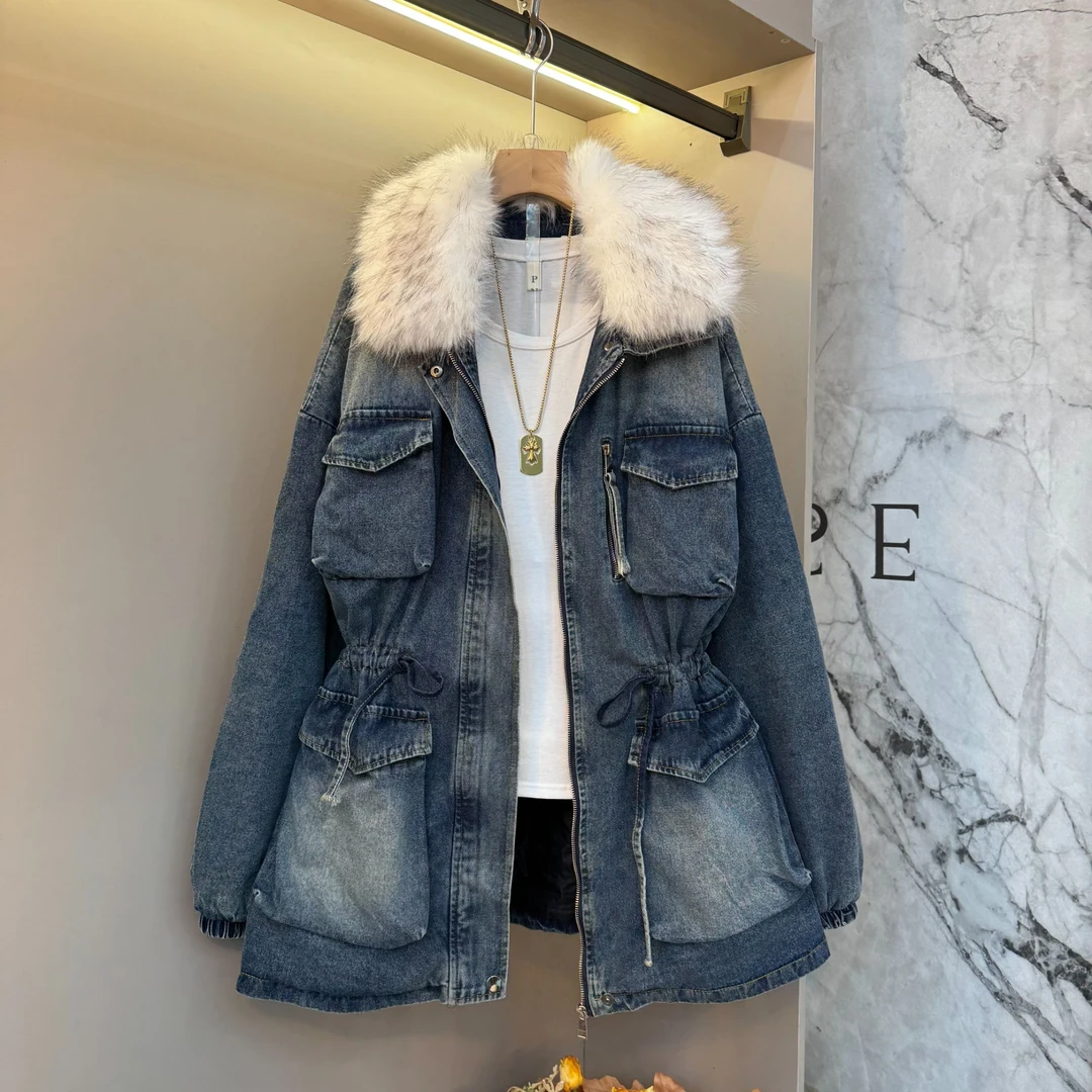 2025大码高级感翻毛领超火胖mm洋气复古收腰宽松显瘦牛仔外套6032