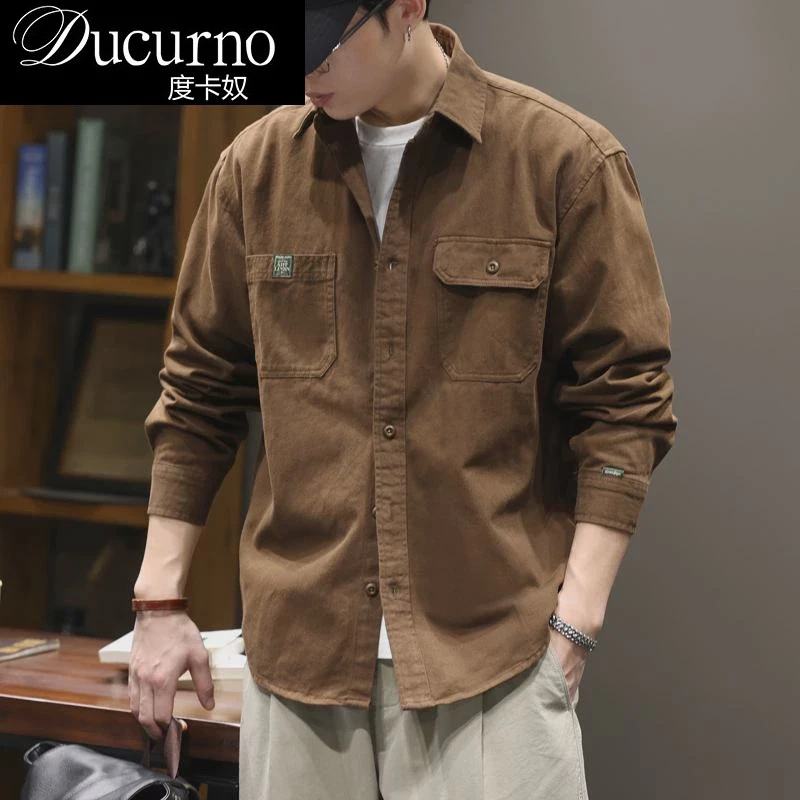 日系复古工装长袖衬衫外套男士秋季2025新款宽松潮牌休闲夹克衬衣