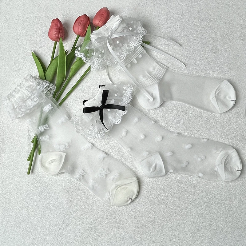 公主风甜美网纱水晶卡丝袜子超薄透明花边蝴蝶结飘带ins饰品袜子