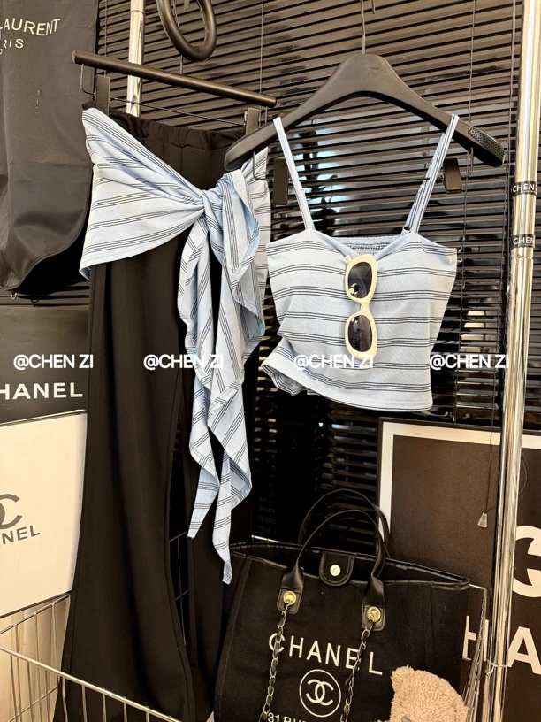 【芭蕾舞曲】韩版时尚套装女条纹吊带背心+高腰显瘦微喇叭裤两件套